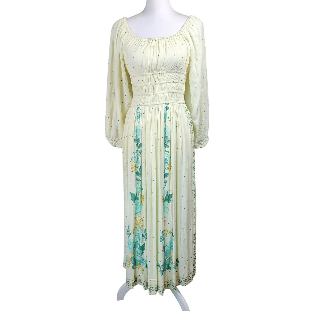 LOFT Maxi Spring Wedding Guest Dress Womens 10P Yellow Teal Floral Smocked Boho‎
